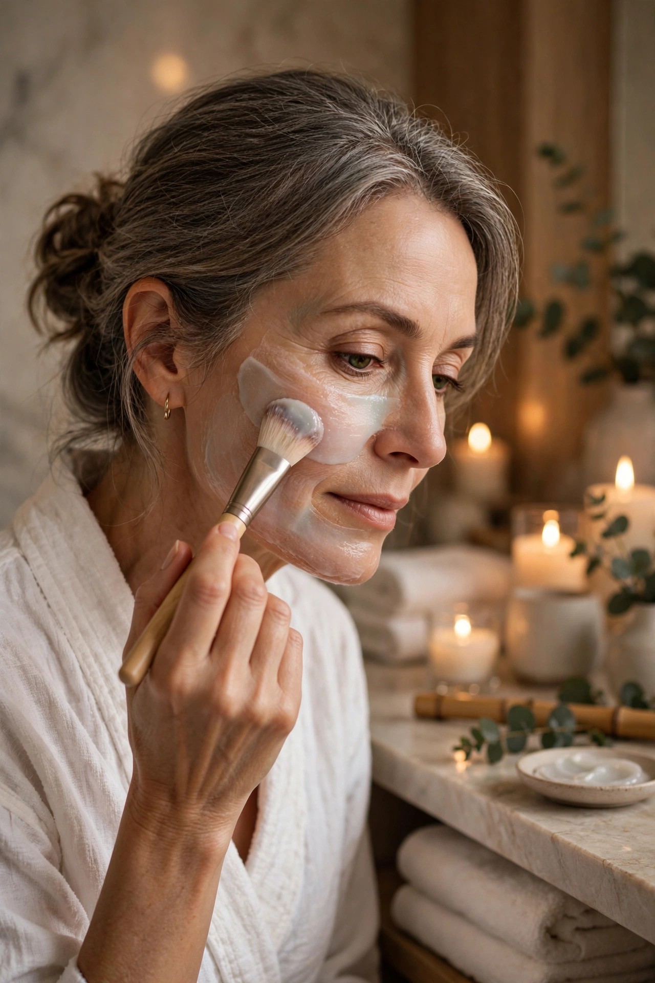 Woman in her 50s applying a gentle exfoliating mask with a soft brush