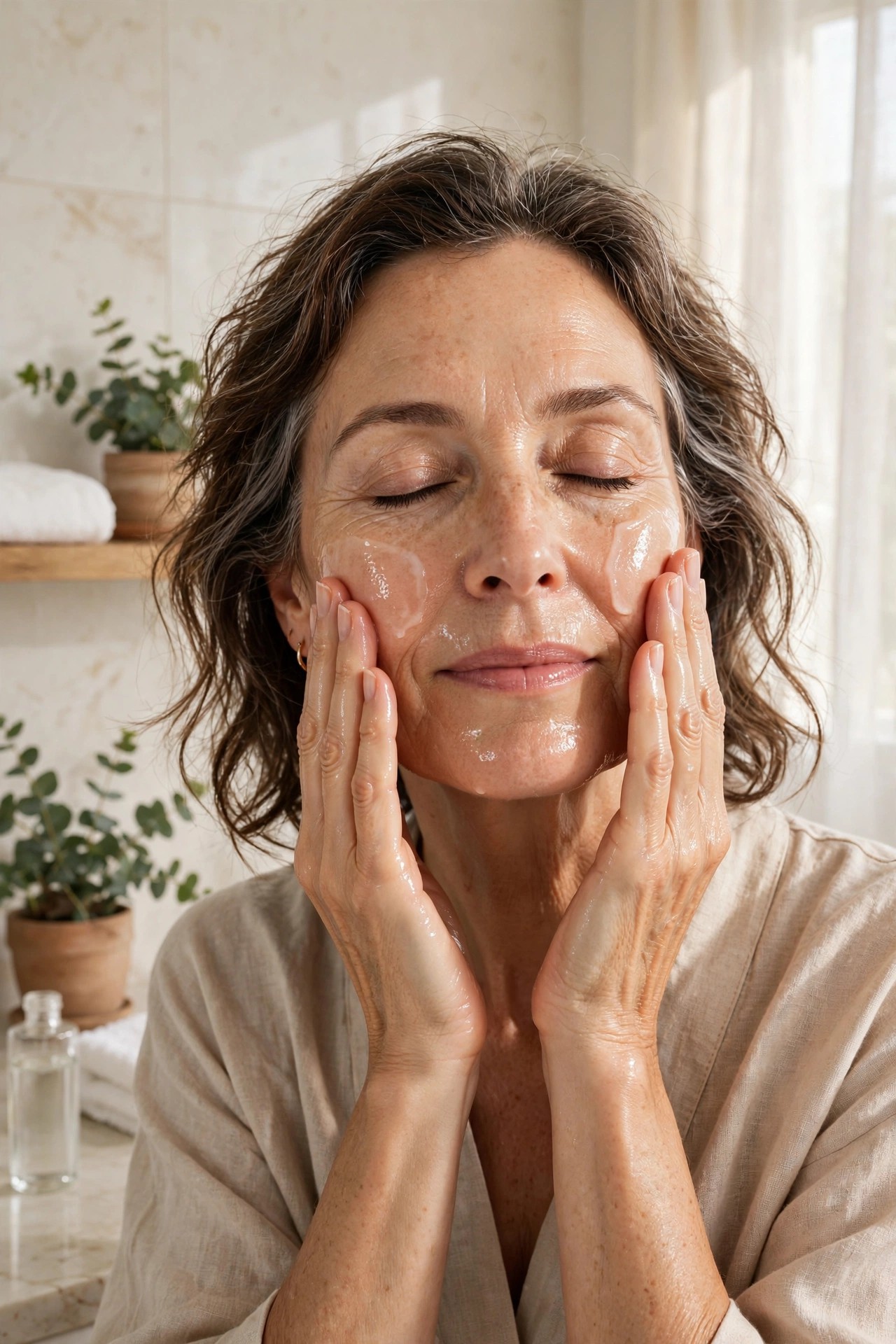 Woman in her 50s pressing alcohol-free hydrating toner into her skin