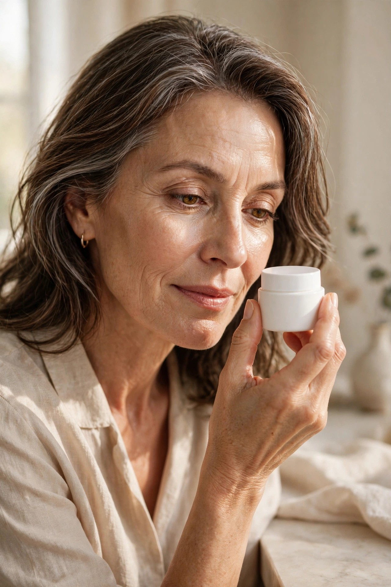 Woman in her 50s holding a minimalist fragrance-free cream jar