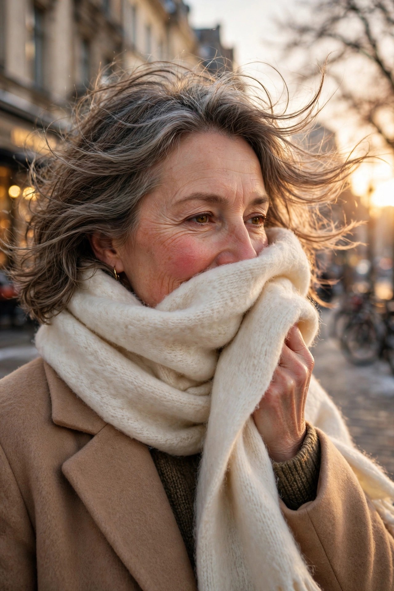 Woman in her 50s shielding her face from wind with a soft wool scarf