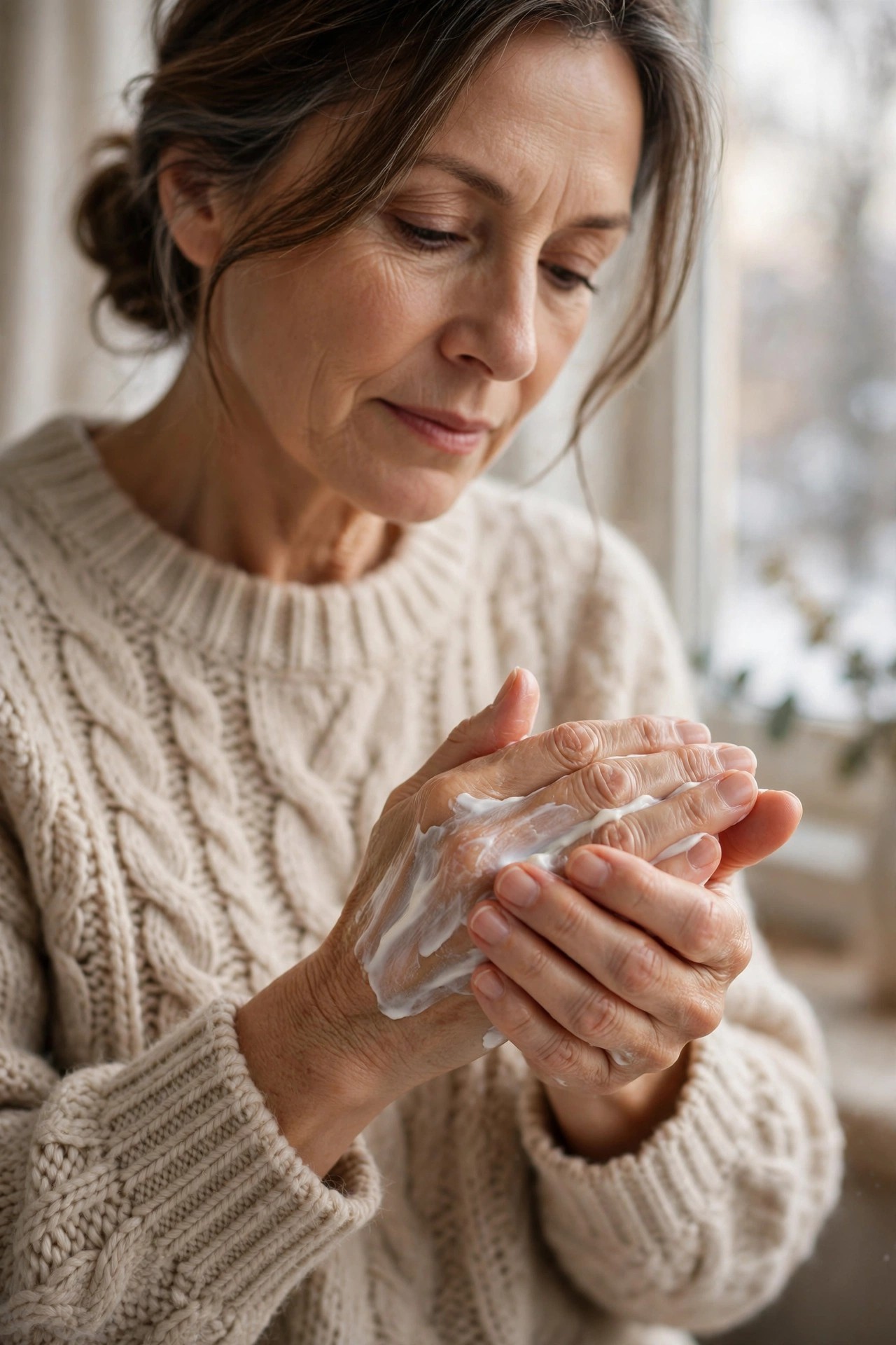 Woman in her 50s massaging rich hand cream into her hands