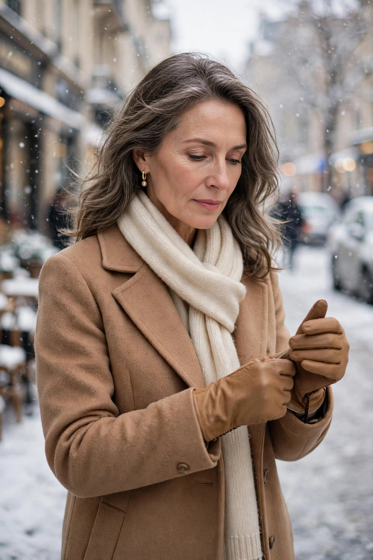 Woman in her 50s pulling on leather winter gloves on a snowy street