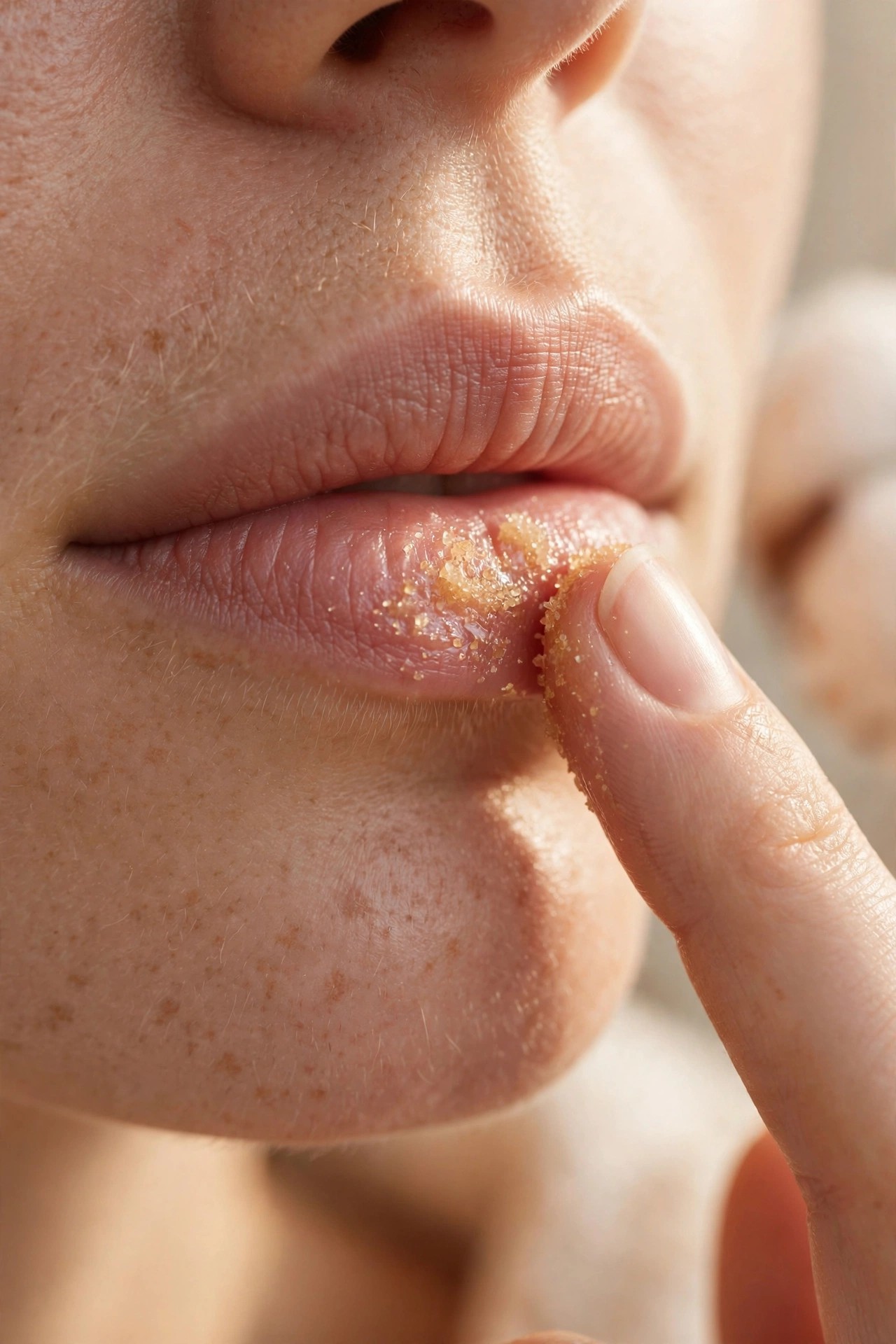 Close-up of lips being gently exfoliated with a fingertip