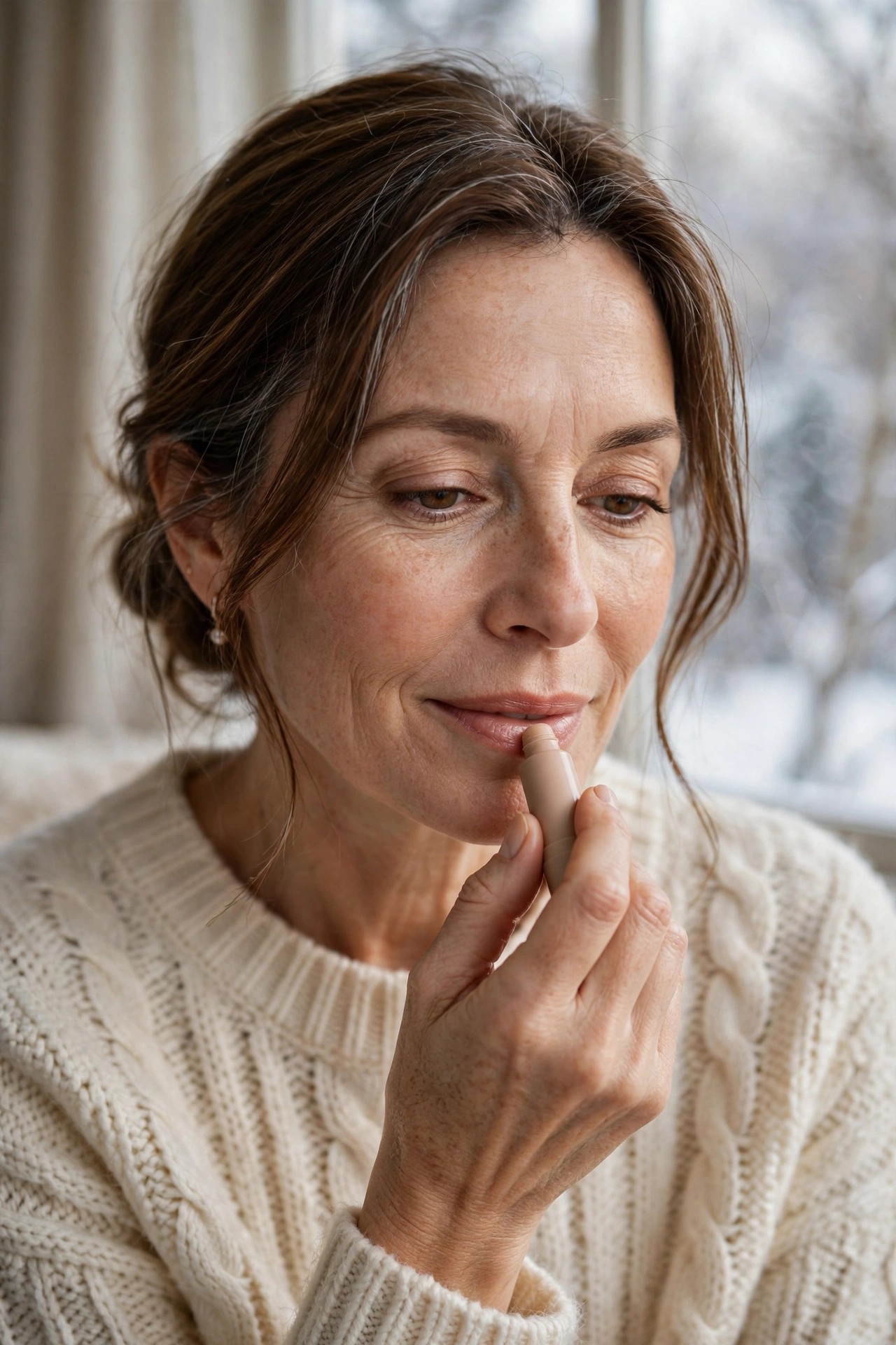 Woman in her 50s applying nourishing lip balm in winter daylight