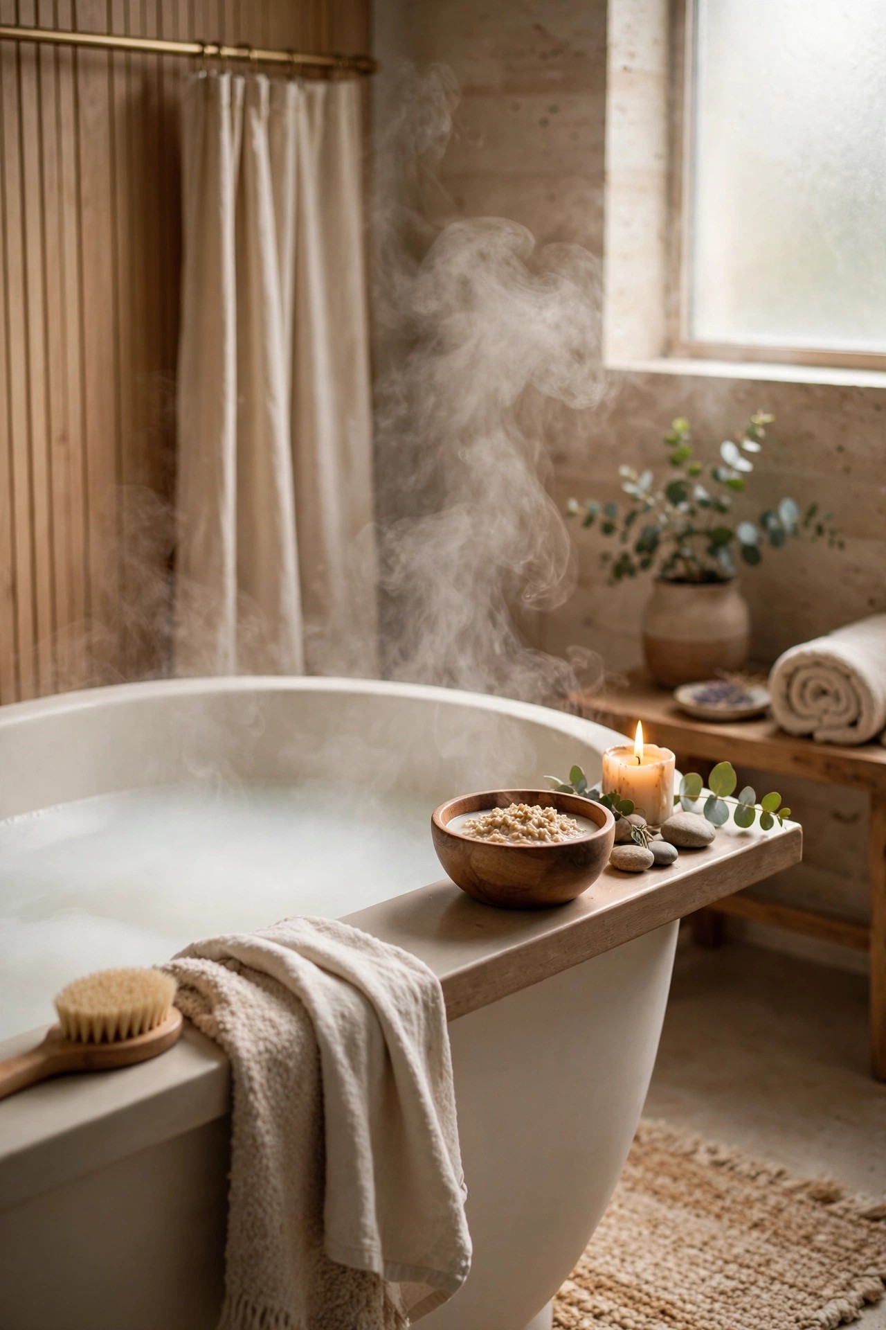 Milky oatmeal bath with candle and wooden bowl of oats in a calm bathroom