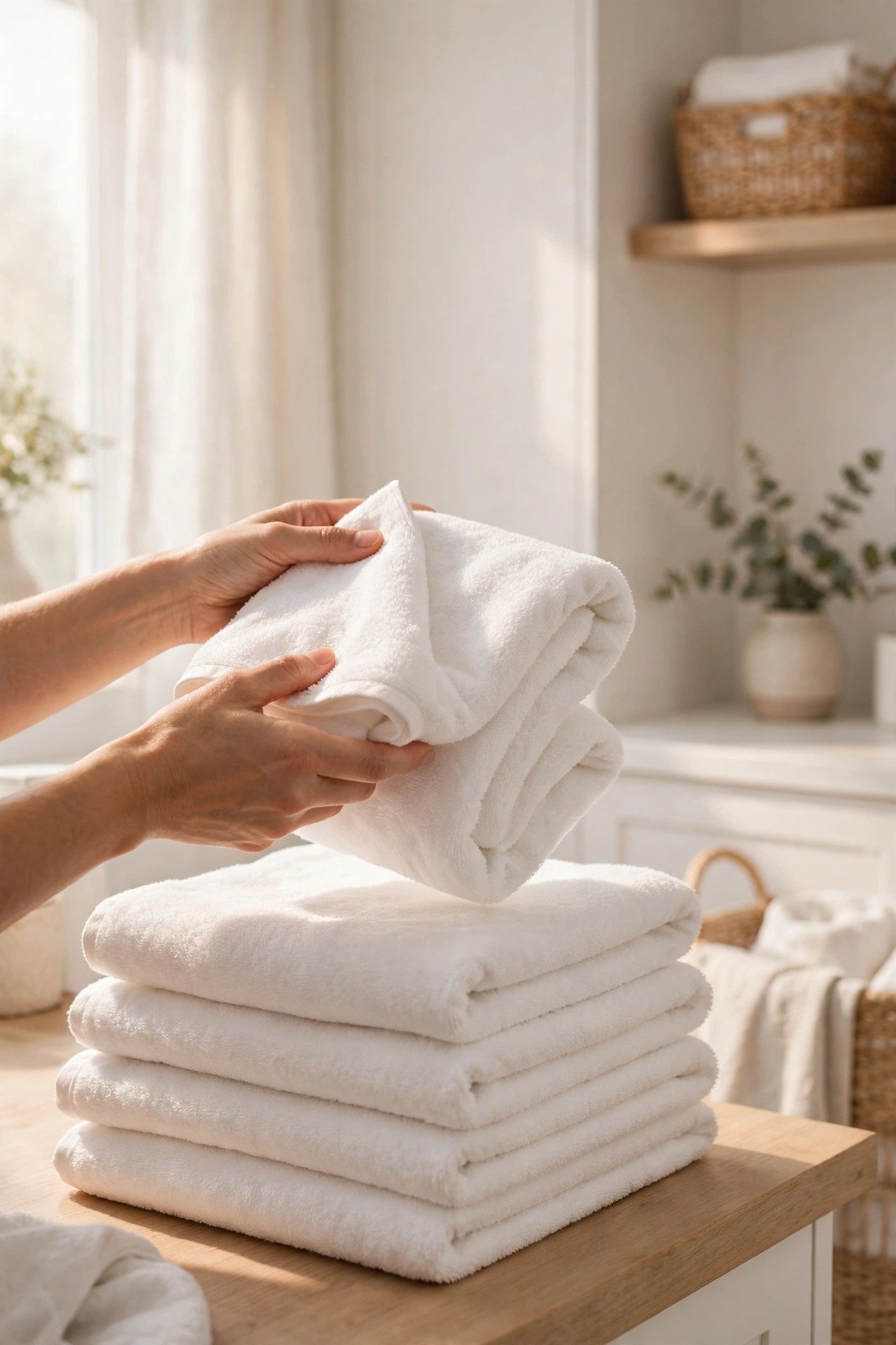 Hands folding soft white towels fresh from a gentle laundry wash