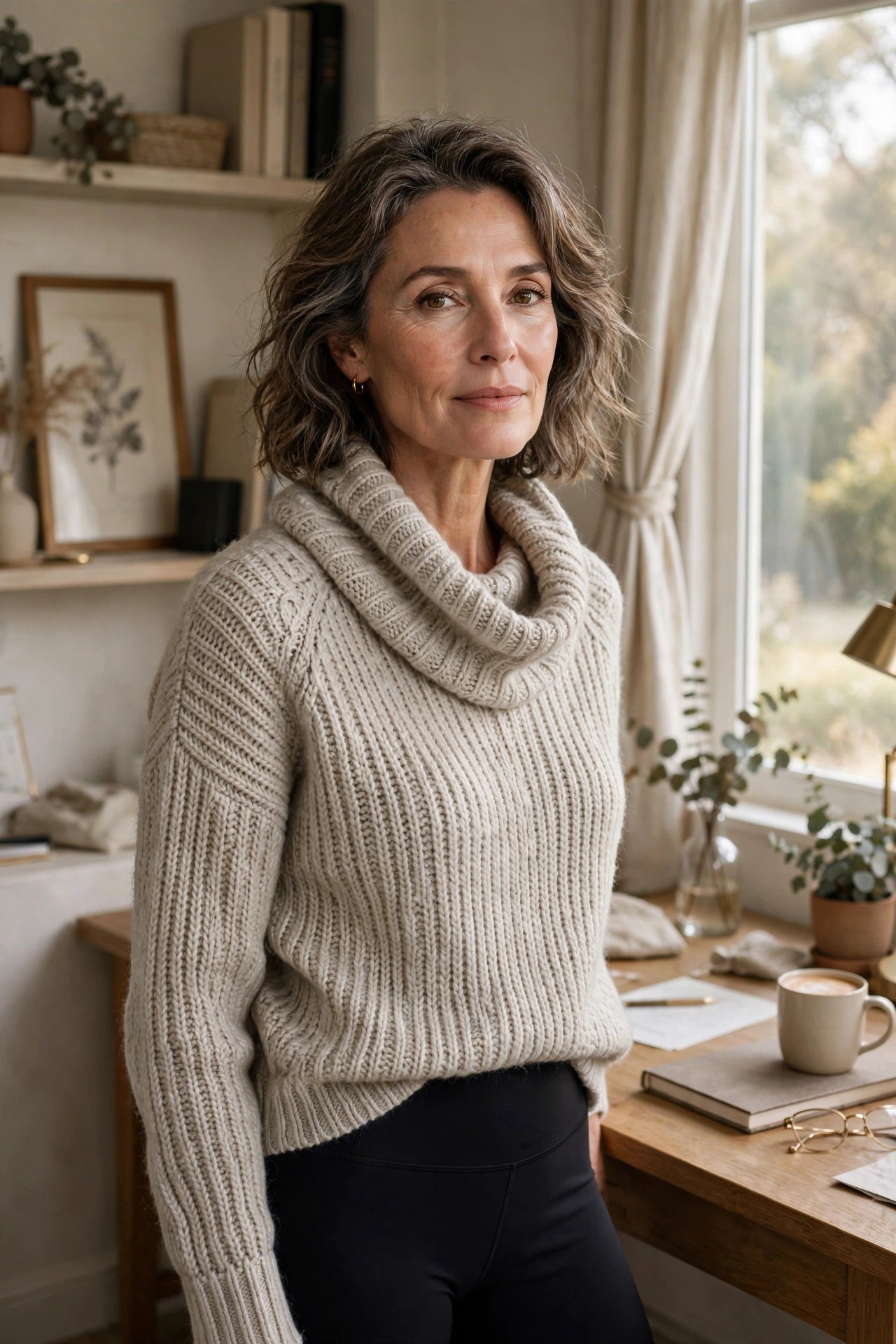 Woman over 50 in an oatmeal cowl-neck sweater and black leggings in a cozy home office