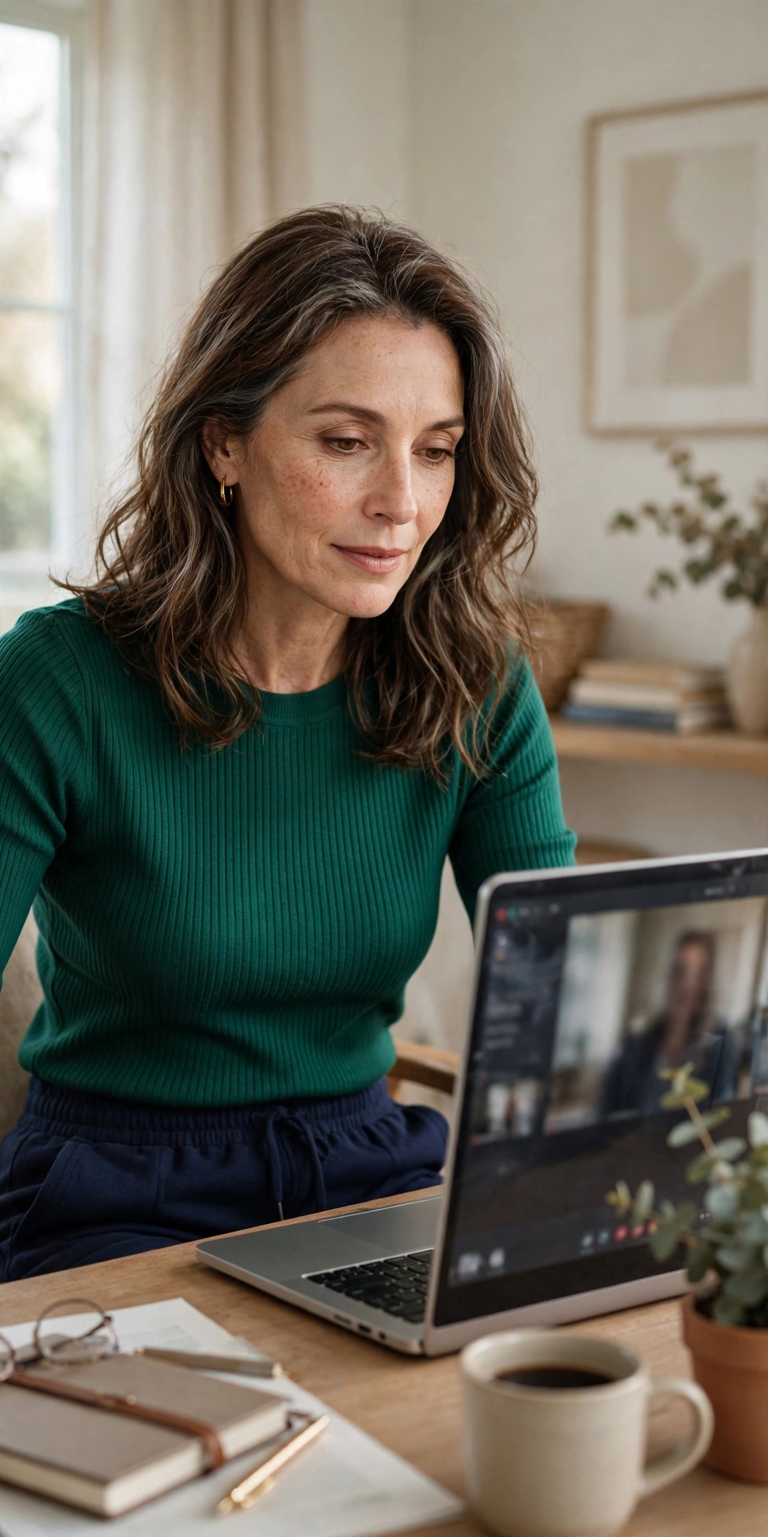 Woman in her 50s wearing an emerald ribbed knit top and navy joggers at a home desk on a video call