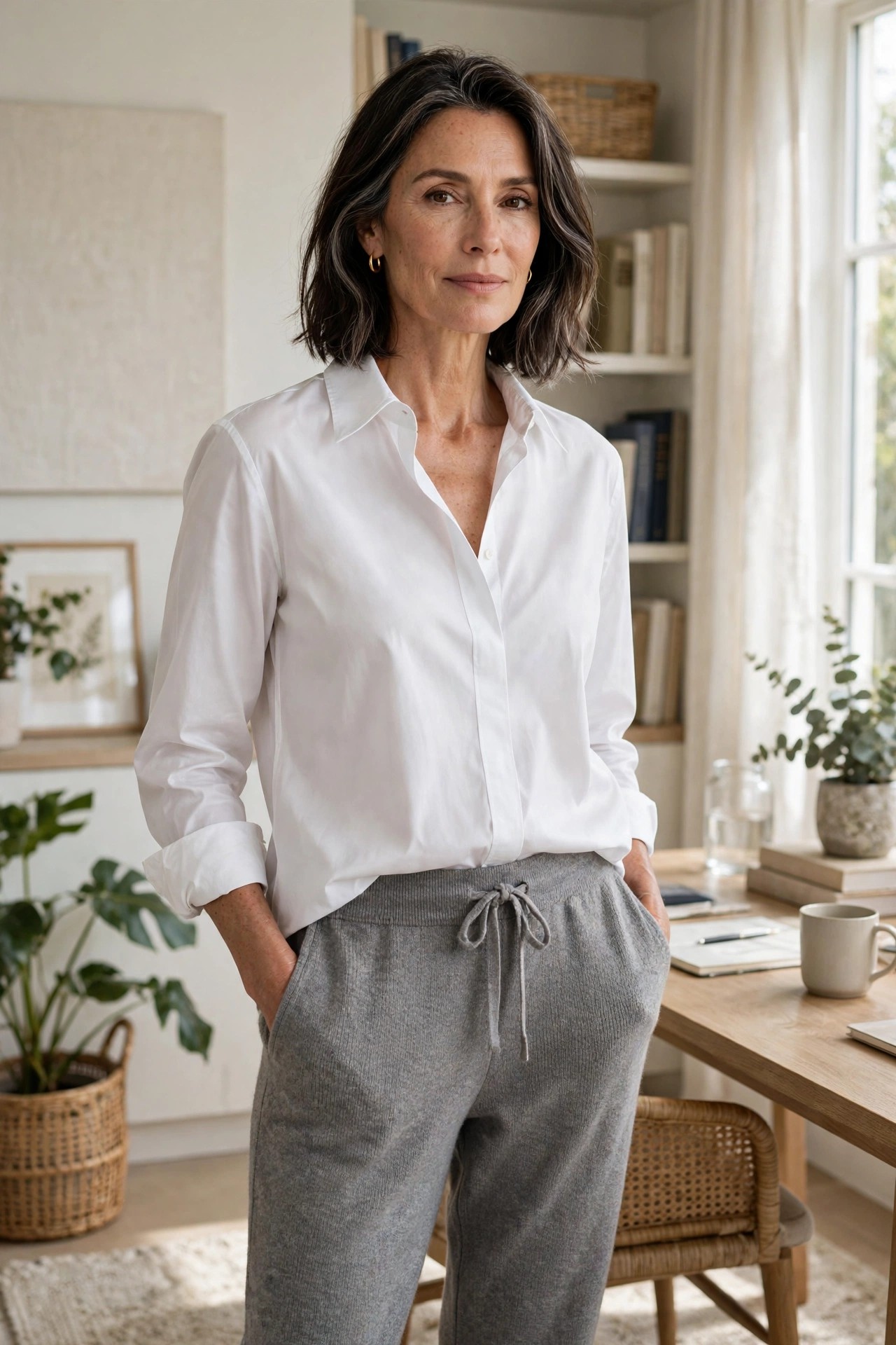 Elegant woman over 50 in a white poplin popover shirt and gray knit pants in a bright home office