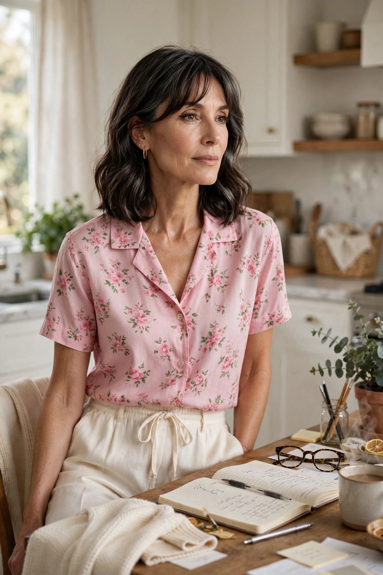 Woman in her 50s wearing a small floral camp-collar shirt and cream trousers at a kitchen workspace