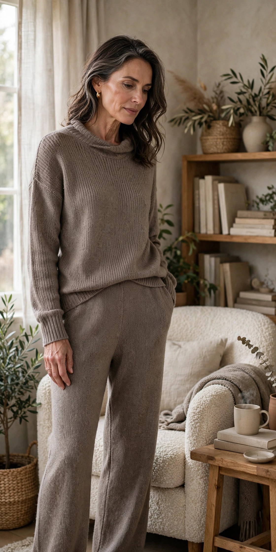 Woman over 50 in a taupe matching knit set relaxing in a cozy reading nook
