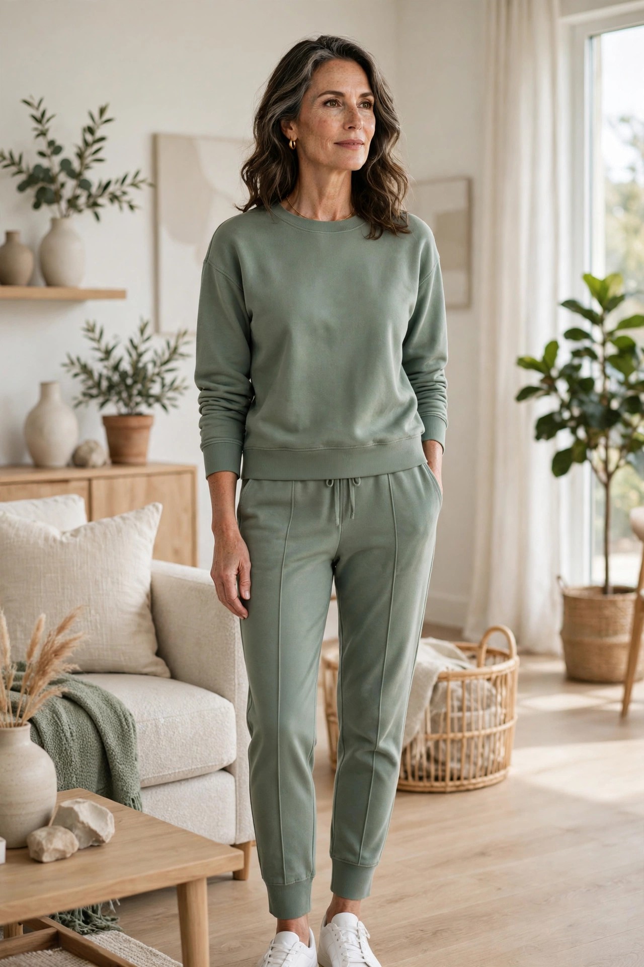 Woman in her 50s wearing a sage sweatsuit and white sneakers in a bright living room
