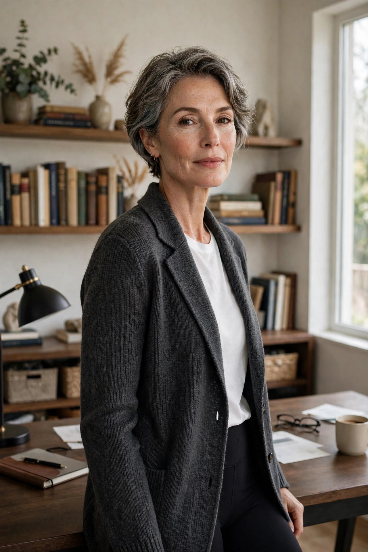 Elegant woman over 50 in a charcoal knit blazer, white tee and black leggings at a home desk