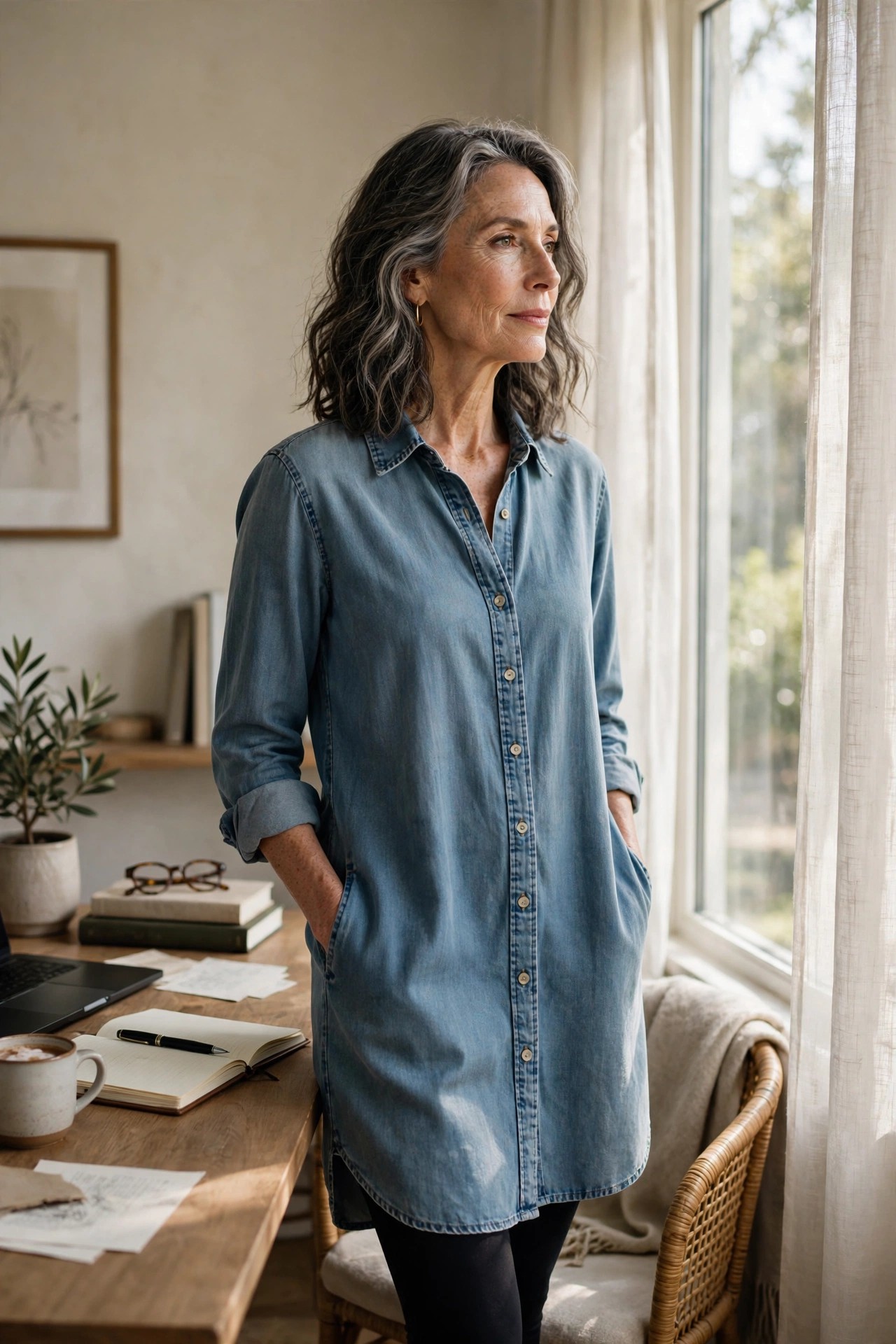Woman in her 50s wearing a soft denim shirt dress and black leggings by a home office window