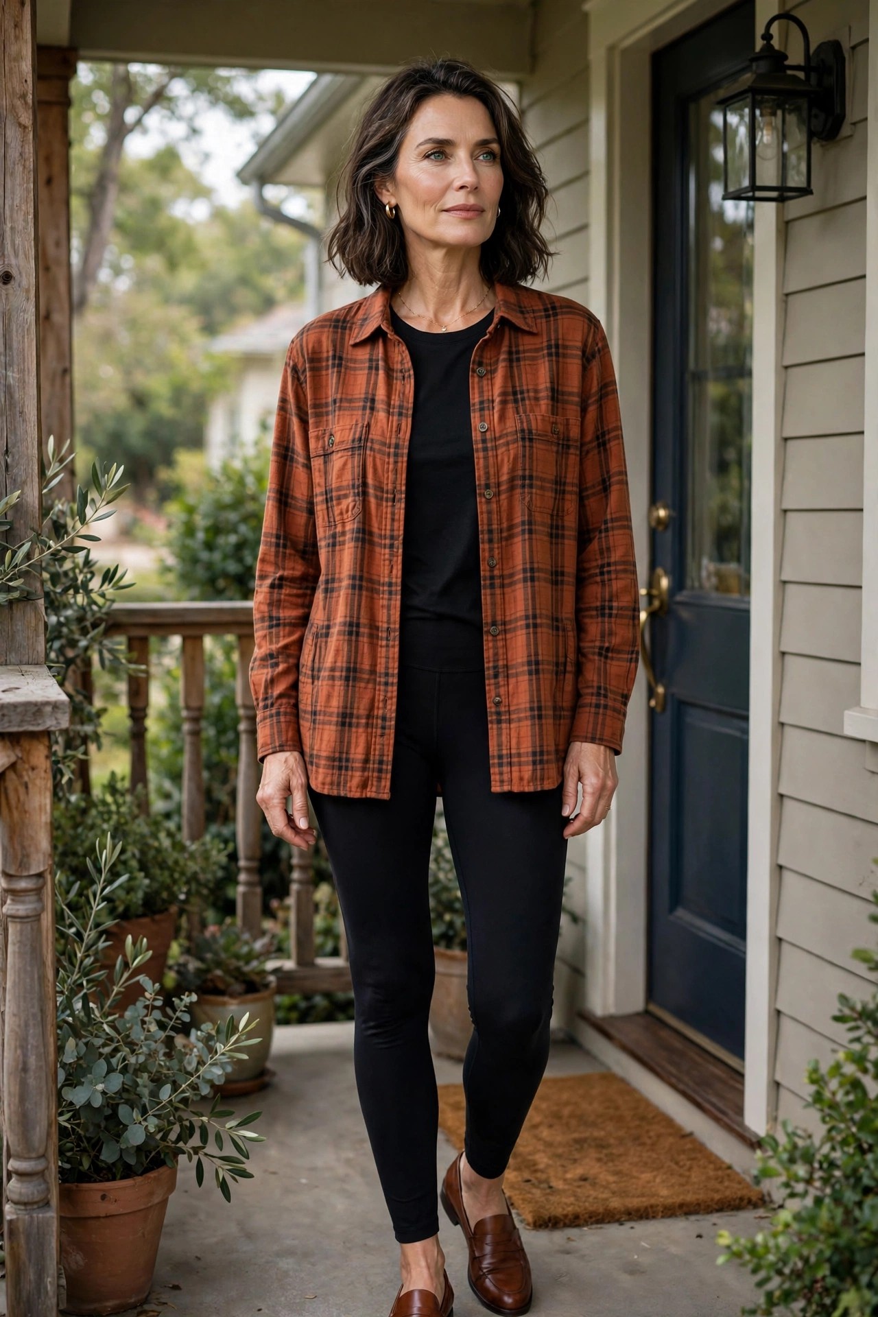Woman over 50 in a rust plaid shacket, black leggings and brown loafers on a front porch