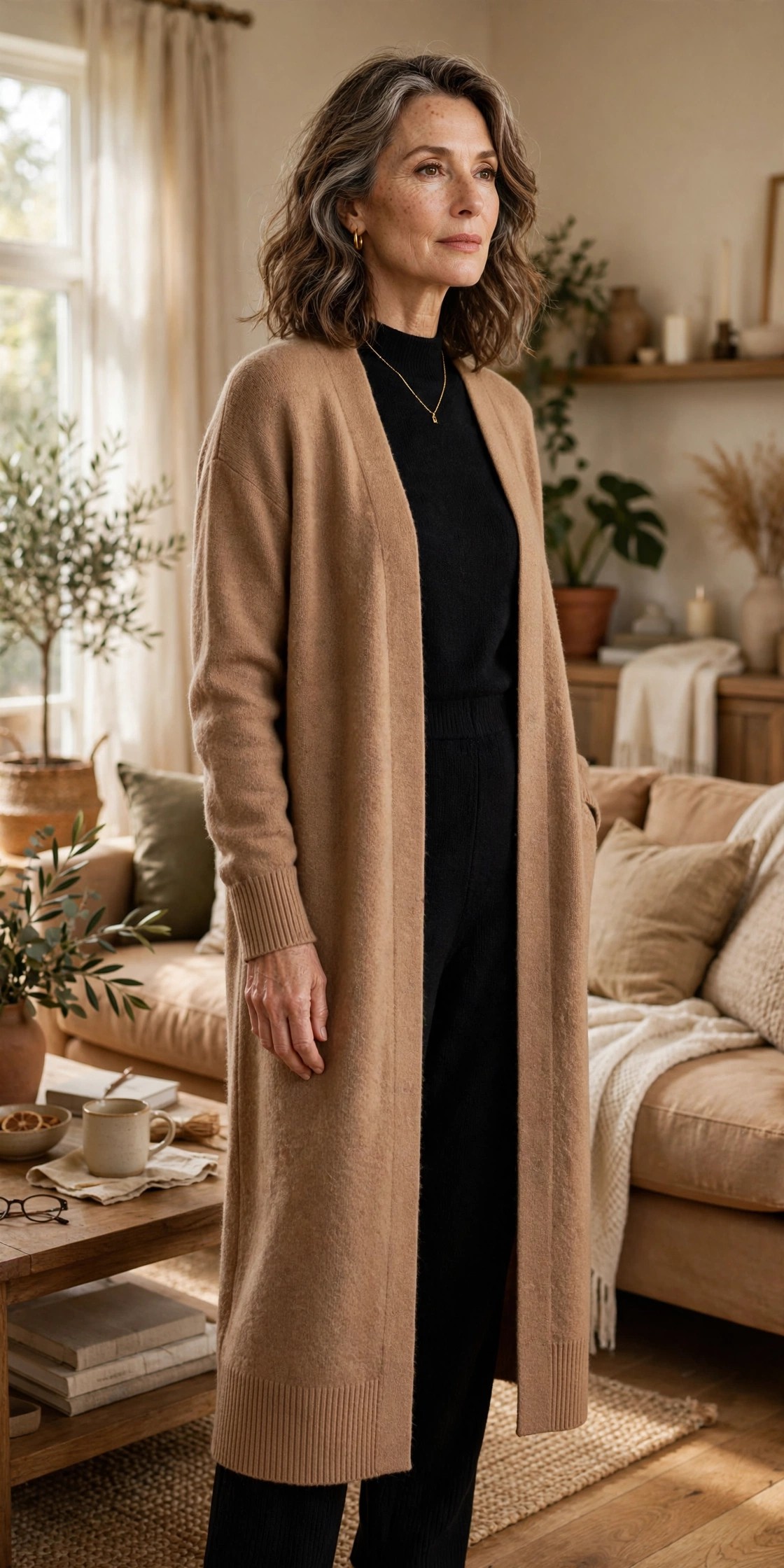 Elegant woman in her 50s wearing a long camel cardigan over a black knit jumpsuit in a living room