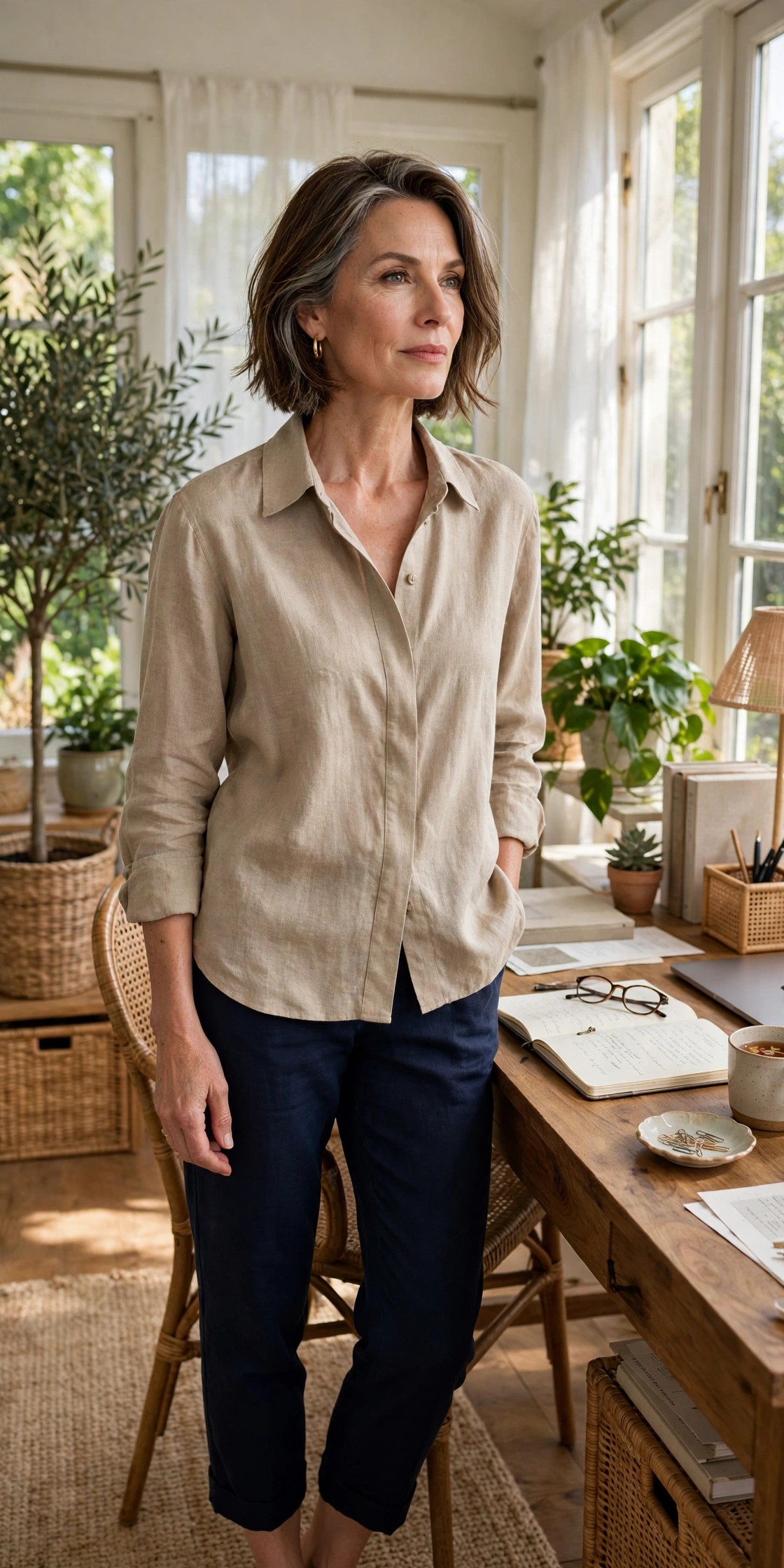 Woman in her 50s wearing a stone linen shirt and navy cropped pants in a bright sunroom office