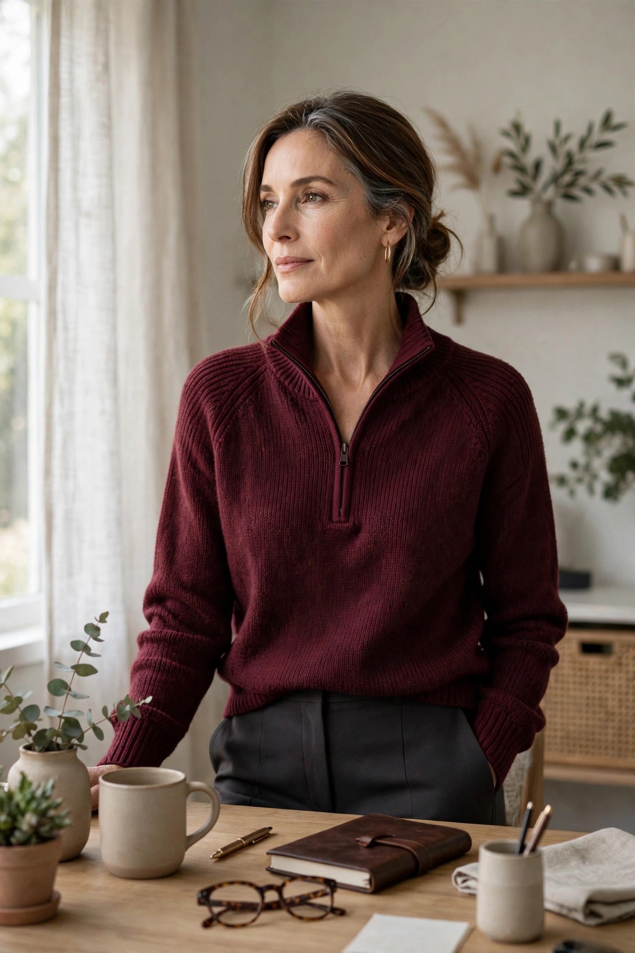 Woman over 50 in a burgundy half-zip sweater and charcoal ponte pants at a home desk